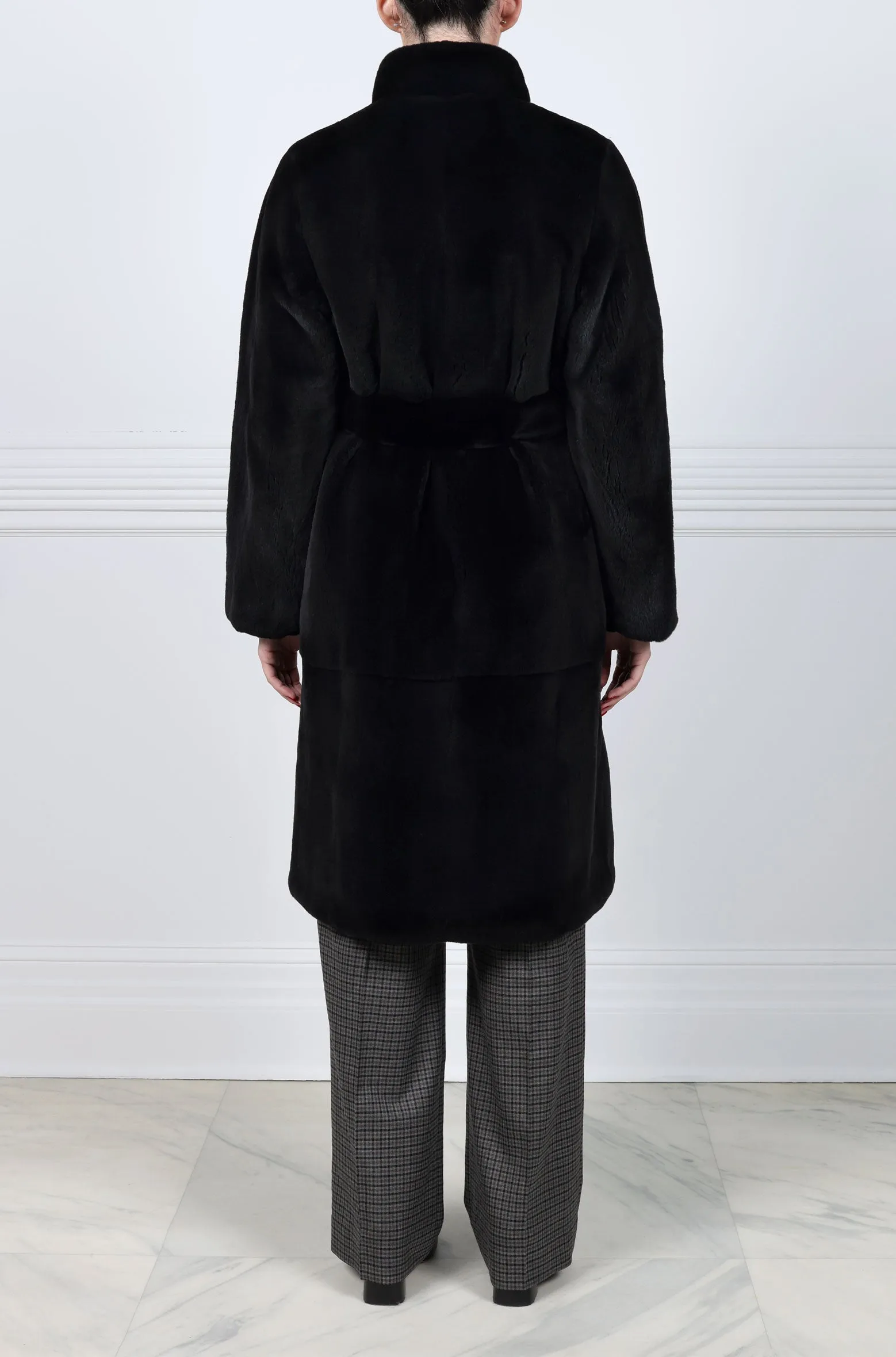 Reversible Horizontal Sheared Mink Belted Stand Collar Stormcoat in Black sold by Pologeorgis product image thumbnail 2