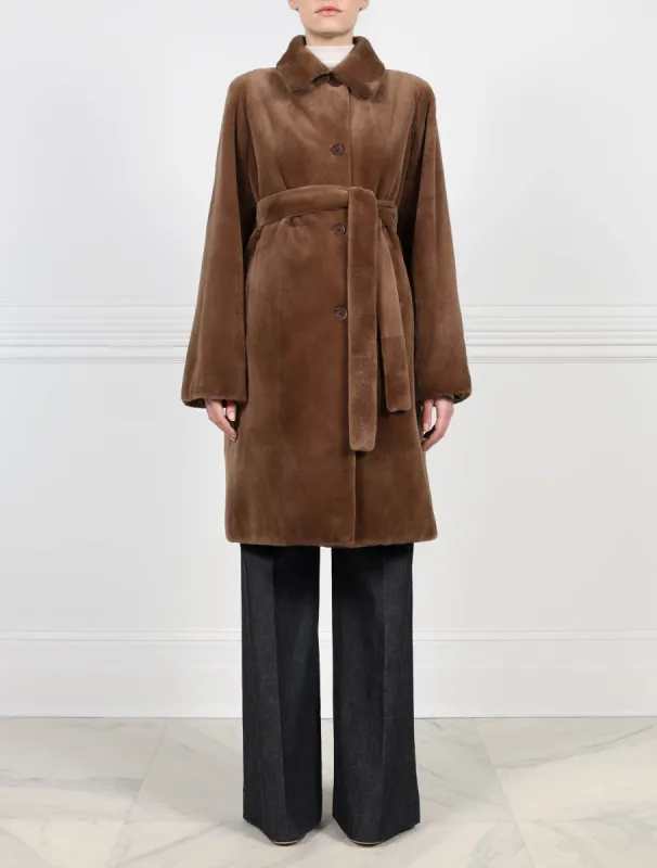 The Alianna Reversible Sheared Mink Belted Raincoat in Coco sold by Pologeorgis