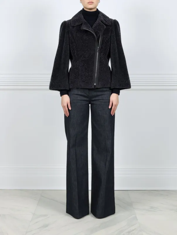 Grey Shearling Assymetrical Zip Jacket sold by Pologeorgis