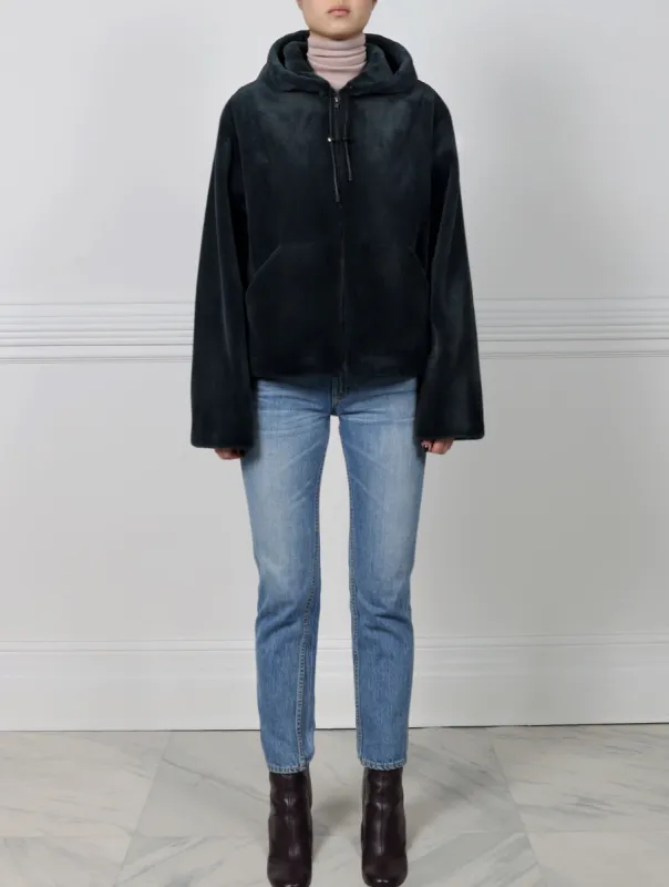 The Carina Hooded Sheared Mink Bomber sold by Pologeorgis