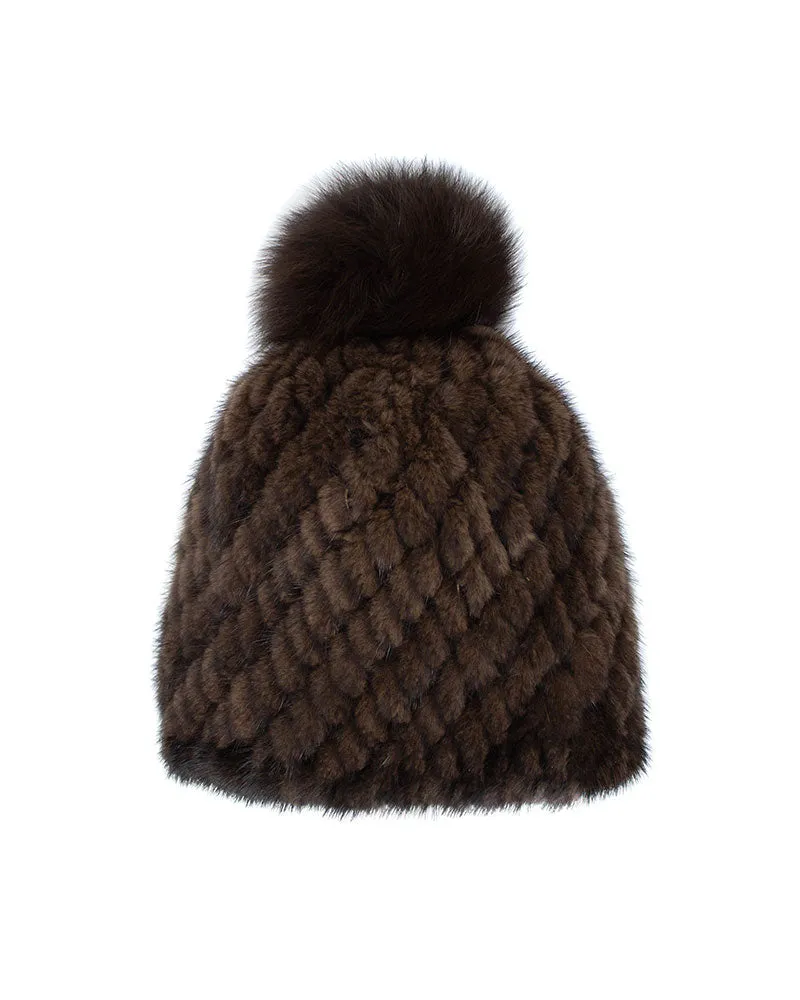 The Knit Mink Fur Hat with Fox Pom in Multiple Colors sold by Pologeorgis product image thumbnail 5