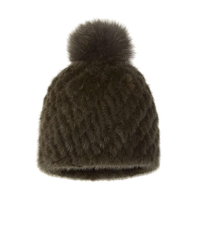 The Knit Mink Fur Hat with Fox Pom in Multiple Colors sold by Pologeorgis product image thumbnail 2