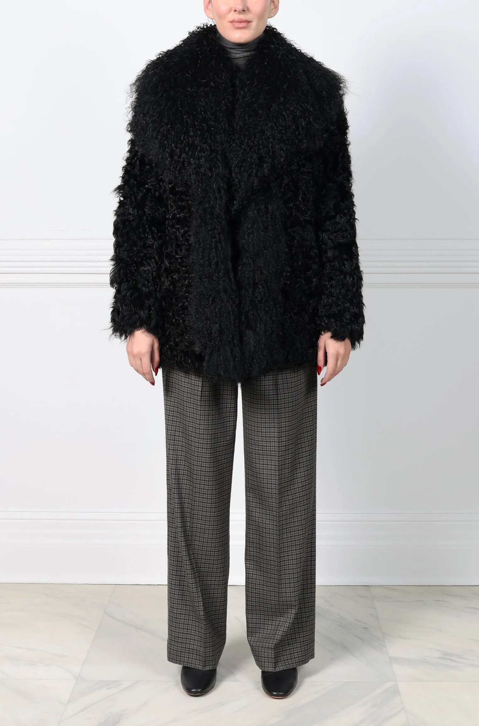 Curly Lamb Trimmed Shearling Notch Collar Coat sold by Pologeorgis