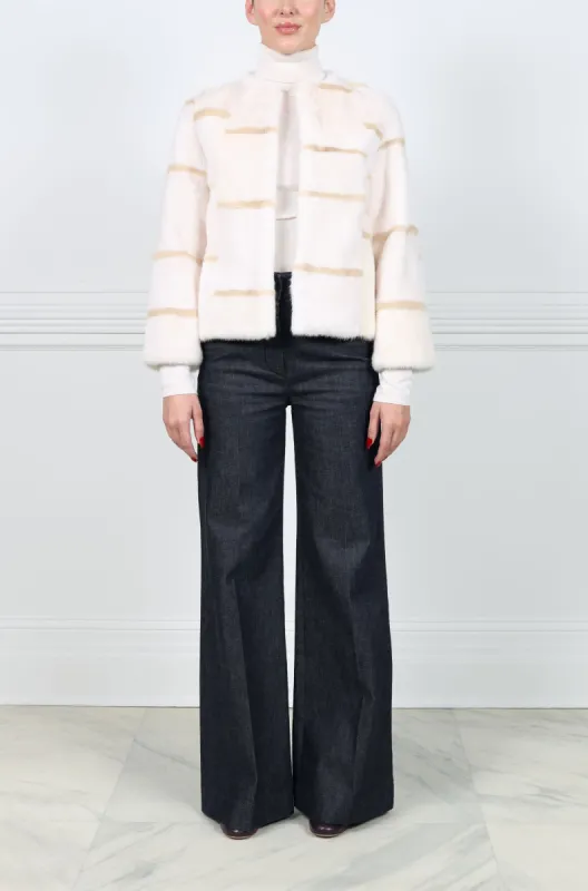 Pearl Mink Fur Jacket With Pastel Intarsia Stripes sold by Pologeorgis