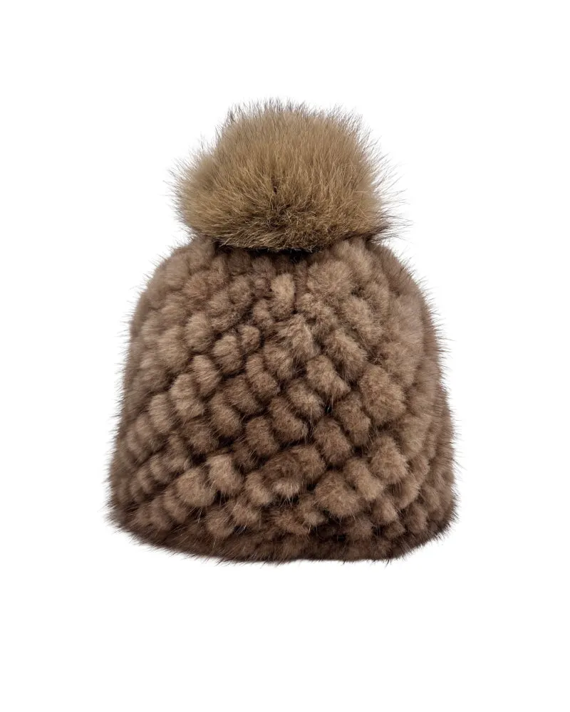 Lined Mink Fur Hat with Fox Pom in Camel and Brown sold by Pologeorgis