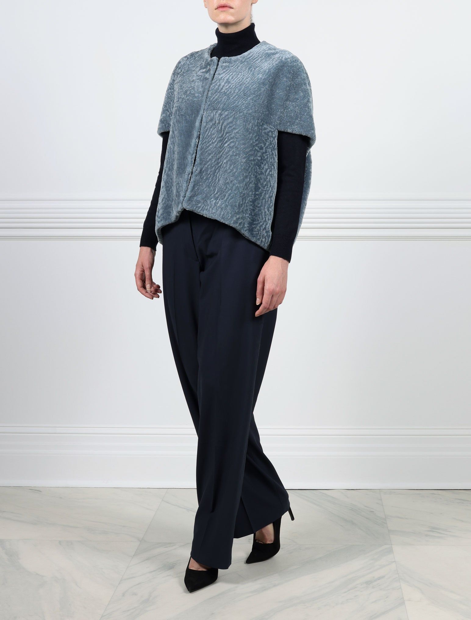 The Frannie Shearling Cocoon Vest sold by Pologeorgis