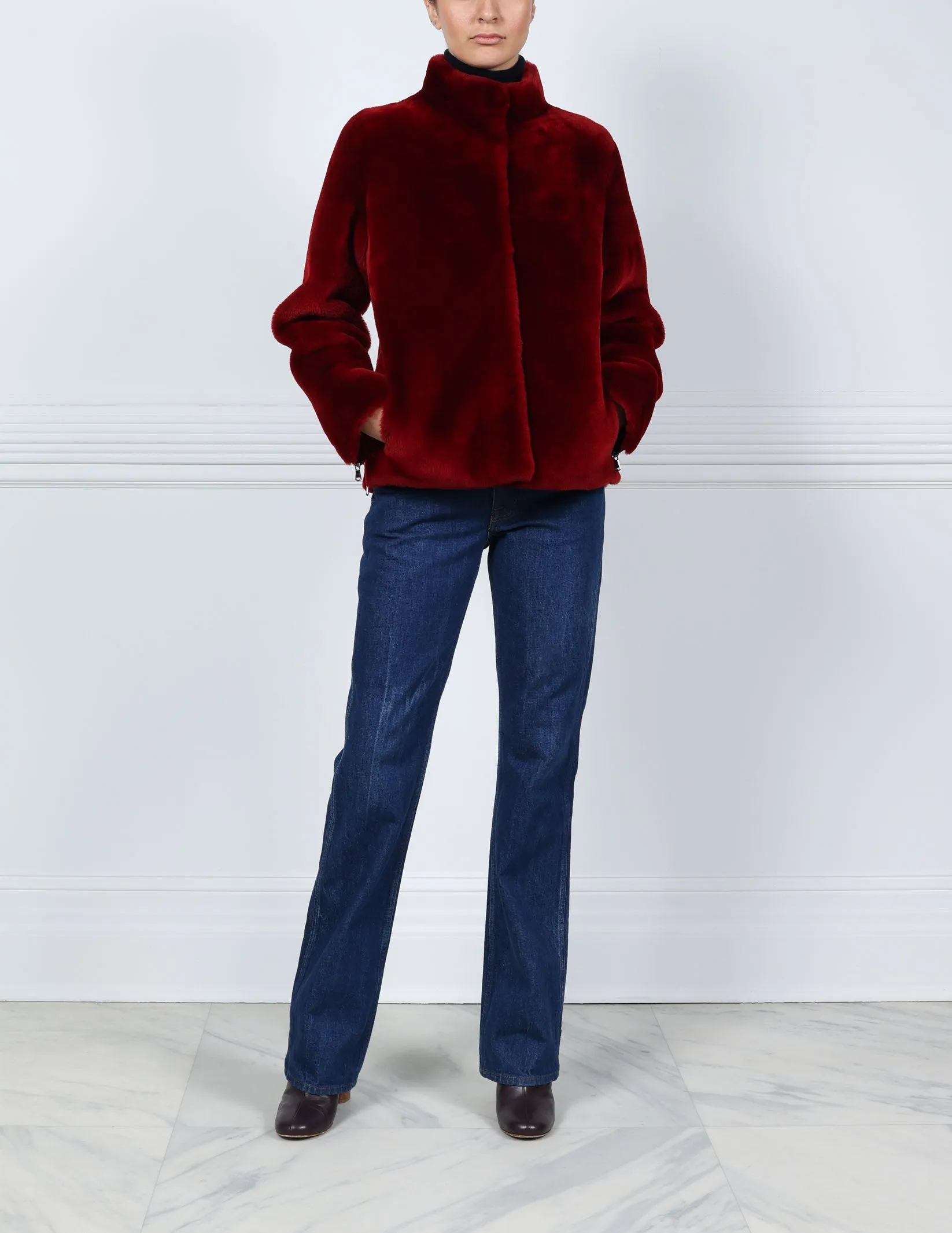 The Elaine Shearling Jacket in Merlot sold by Pologeorgis