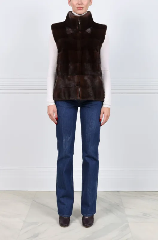 The Nina Zip Front Mink Vest in Mahogany sold by Pologeorgis
