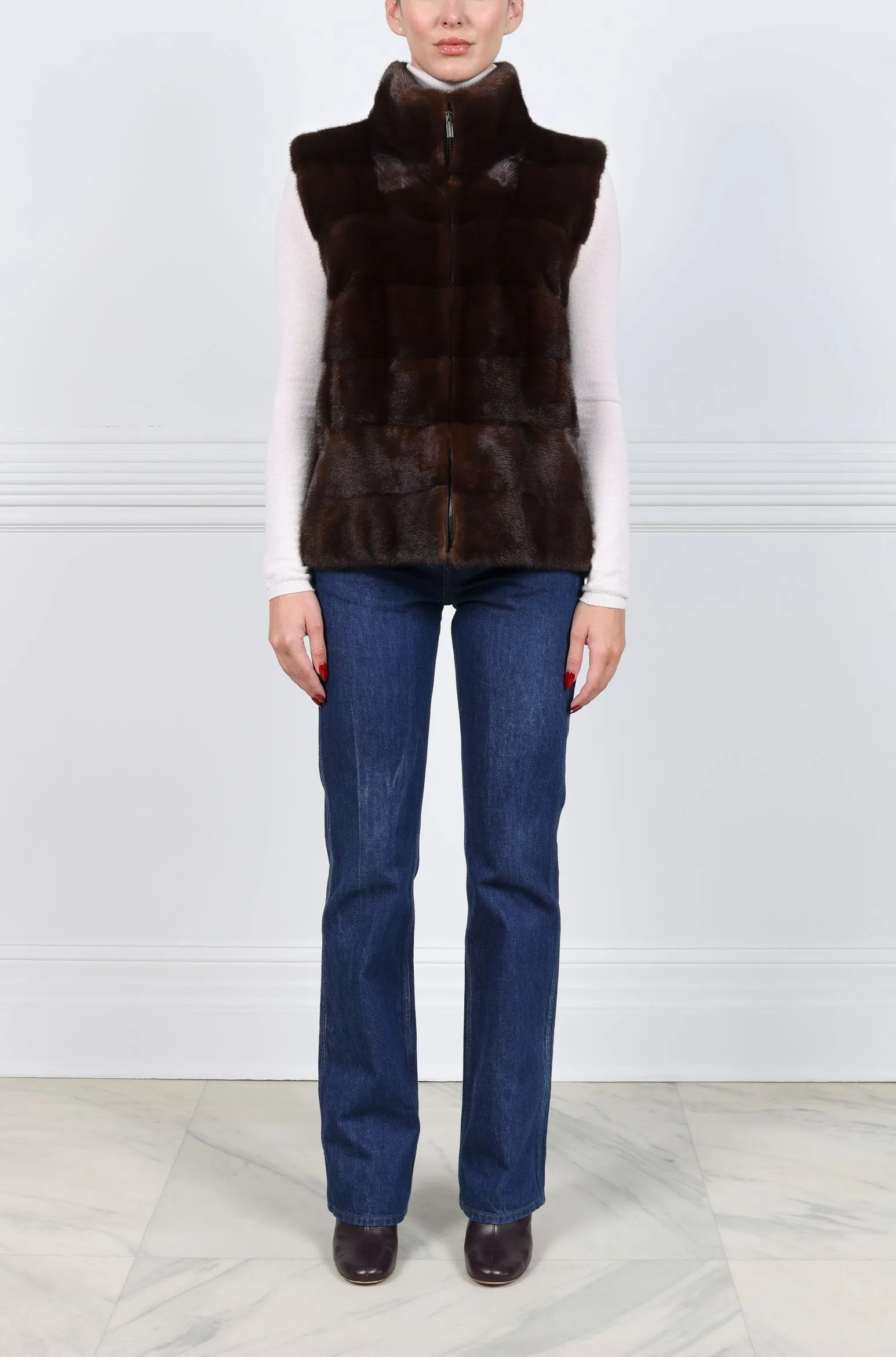 The Nina Zip Front Plucked Mink Fur Vest sold by Pologeorgis