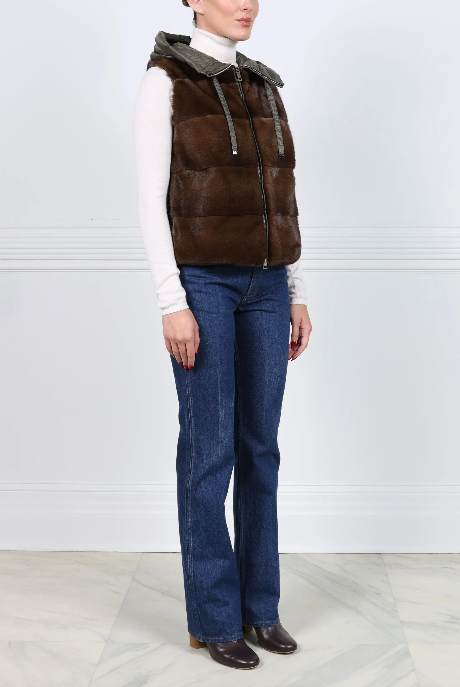 The Damla Hooded Mink Fur & Nylon Puffer Vest sold by Pologeorgis product image thumbnail 3
