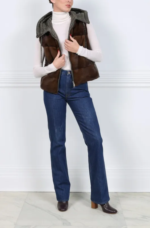 The Damla Hooded Mink Fur & Nylon Puffer Vest sold by Pologeorgis