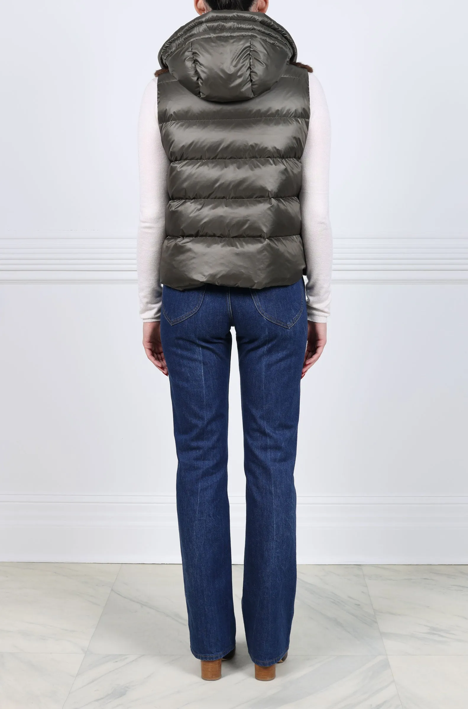 The Damla Hooded Mink Fur & Nylon Puffer Vest sold by Pologeorgis product image thumbnail 4