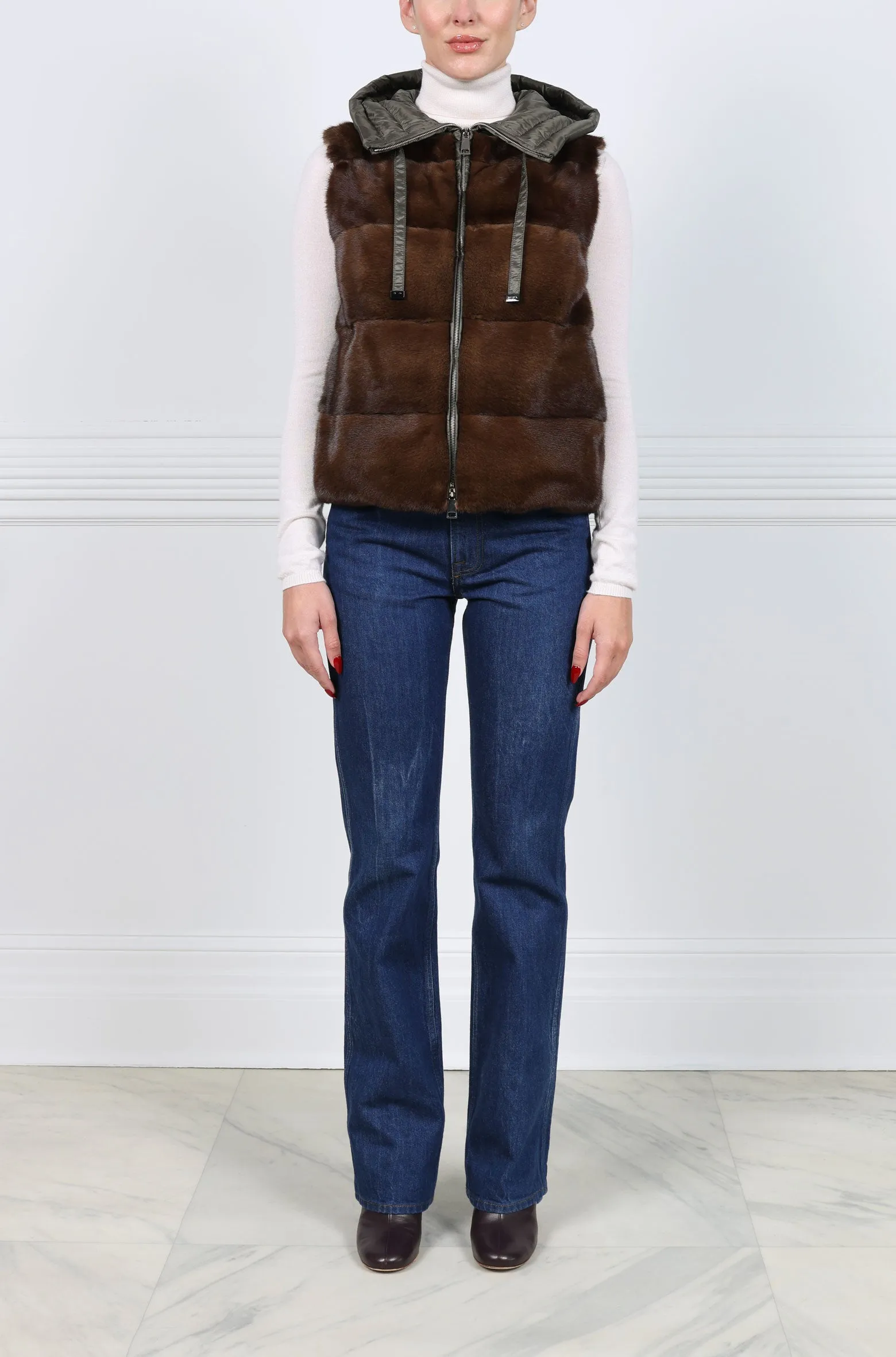 The Damla Hooded Mink Fur & Nylon Puffer Vest sold by Pologeorgis product image thumbnail 2