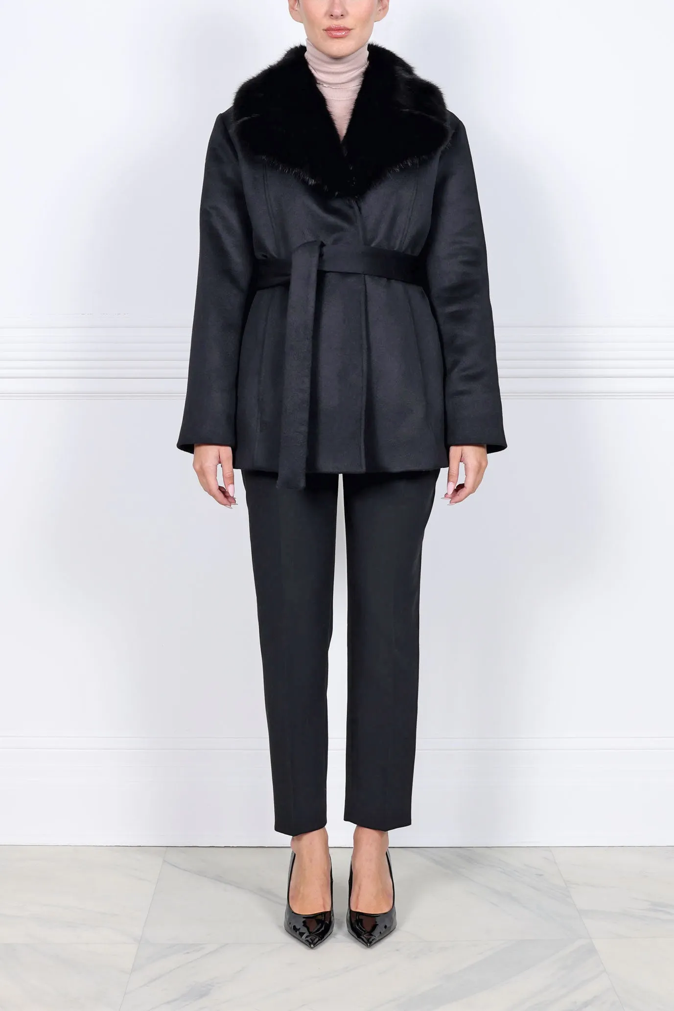 The Hailey Mink Lined Cashmere Belted Coat with Sable Collar sold by Pologeorgis