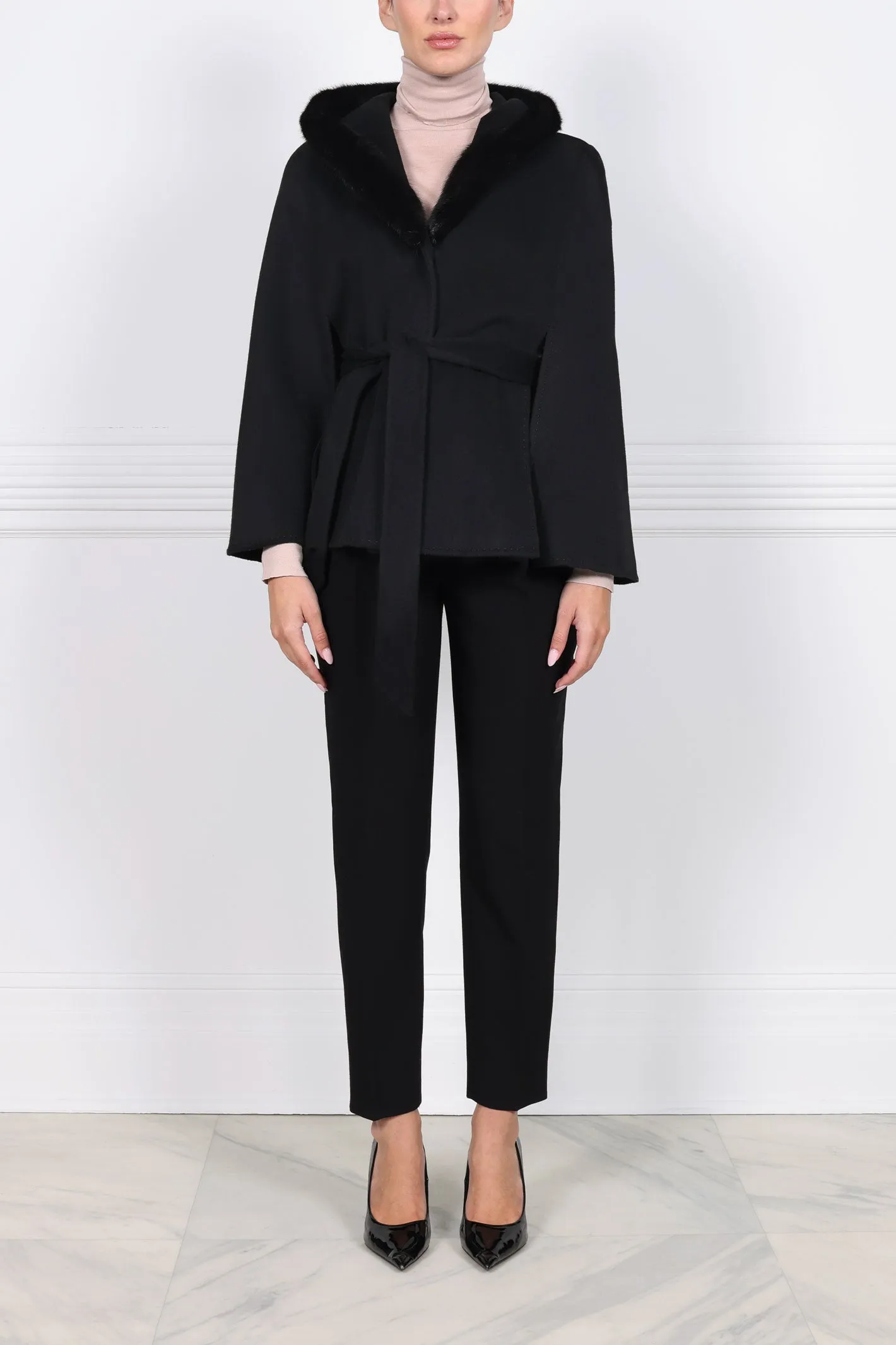 Hooded Cashmere Belted Cape with Mink Trim sold by Pologeorgis