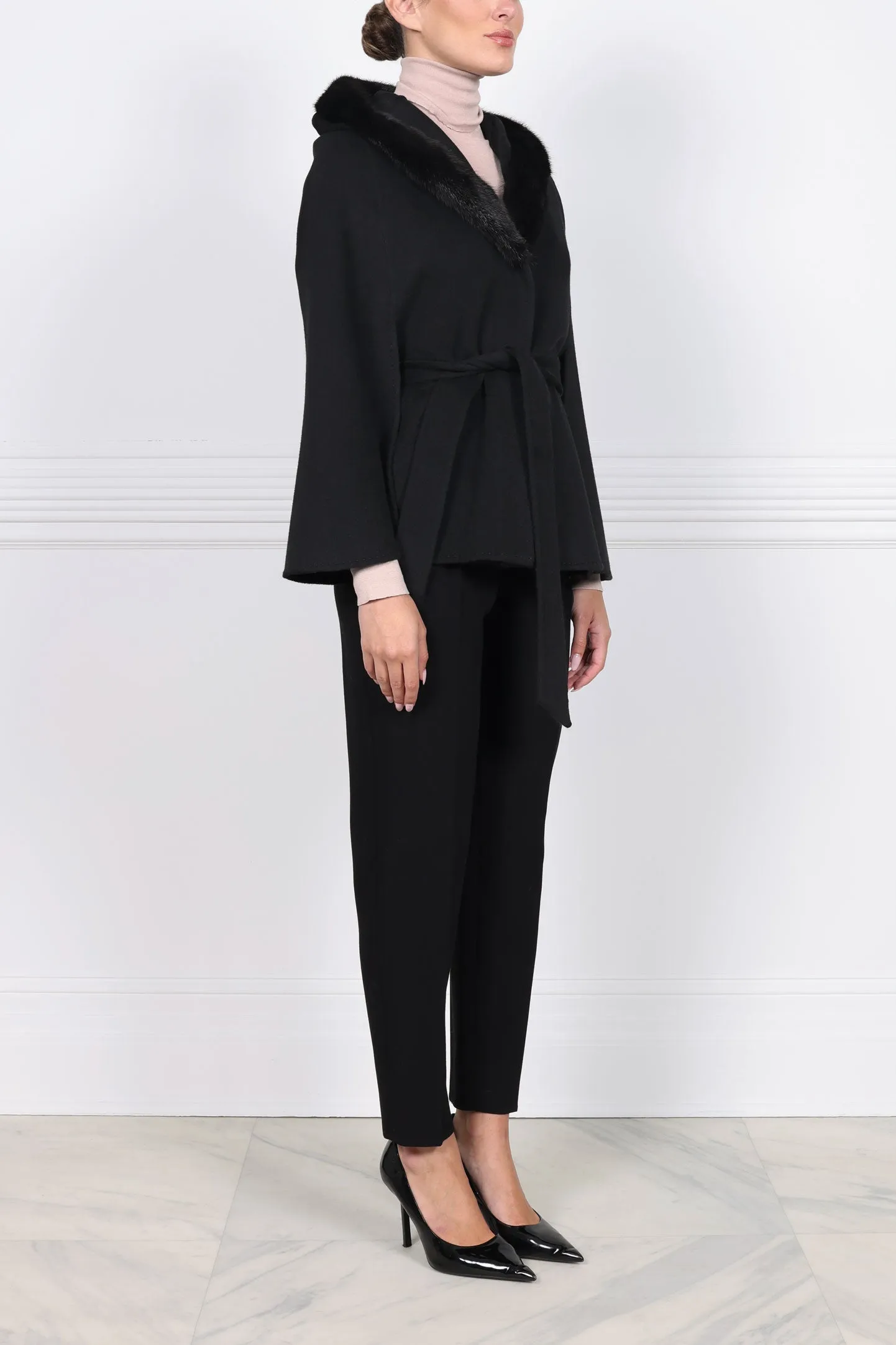 Hooded Cashmere Belted Cape with Mink Trim sold by Pologeorgis product image thumbnail 2