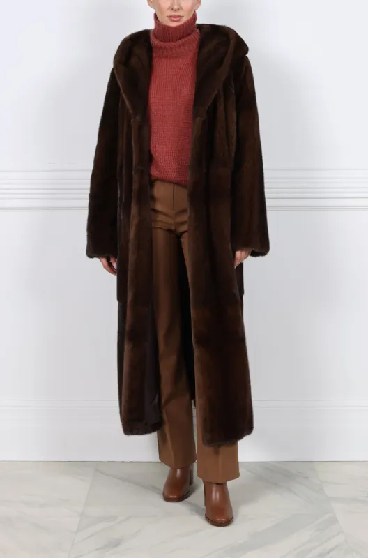 The Hazel Hooded Mahogany Mink Coat sold by Pologeorgis