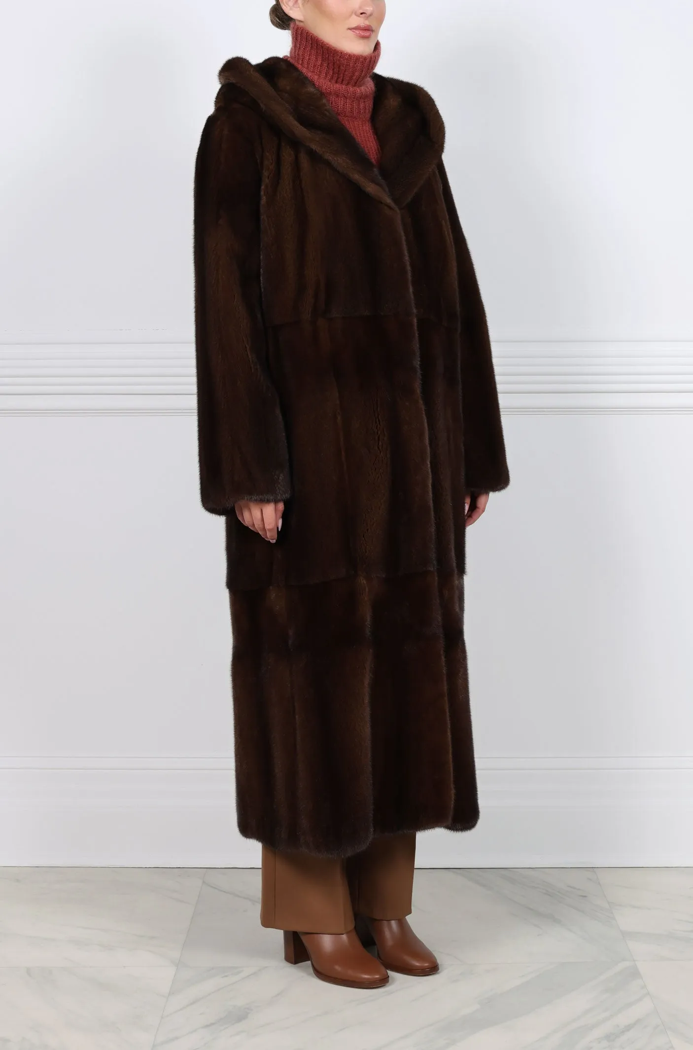 The Hazel Hooded Mahogany Mink Coat sold by Pologeorgis product image thumbnail 4