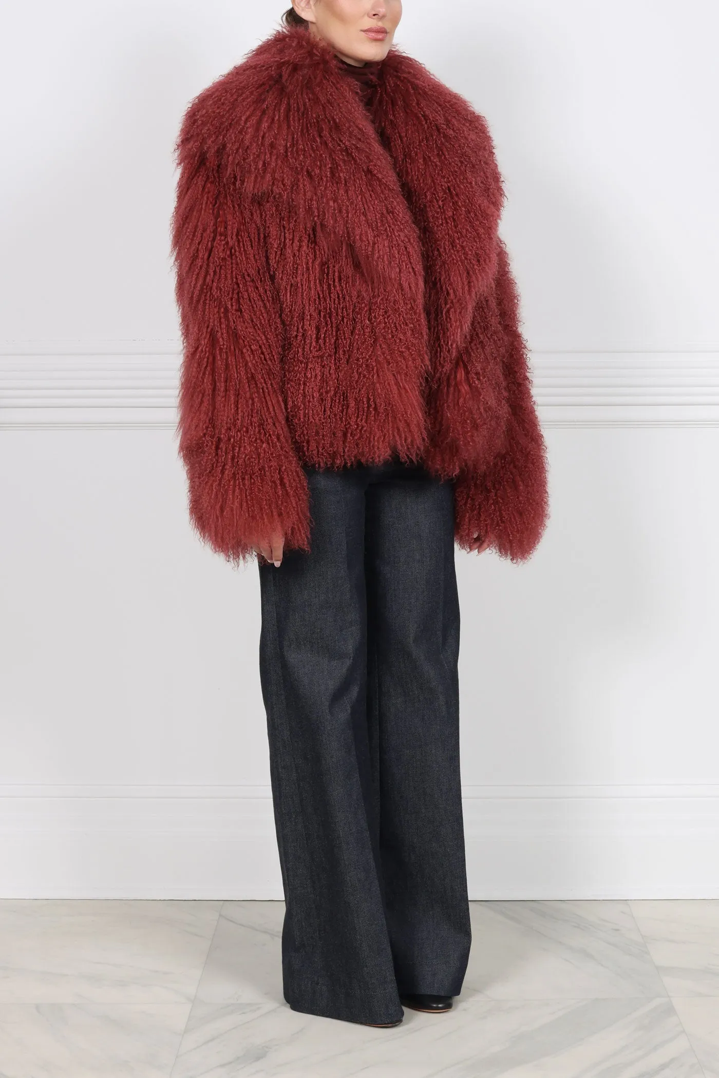 The Brynn Shearling Jacket in Red sold by Pologeorgis