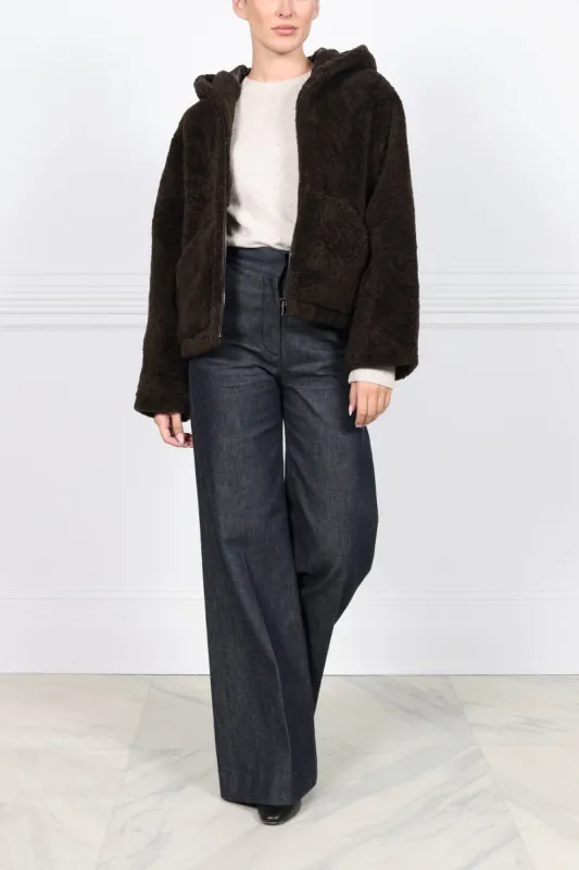 The Martine Brown Upcycled Shearling Hooded Jacket sold by Pologeorgis