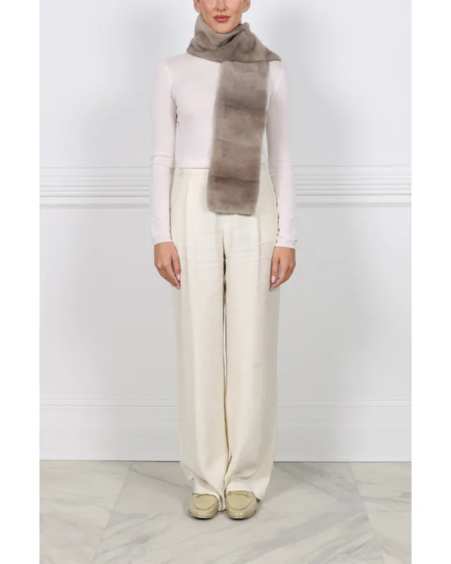 54" Cross Cut Mink Scarf in Taupe sold by Pologeorgis