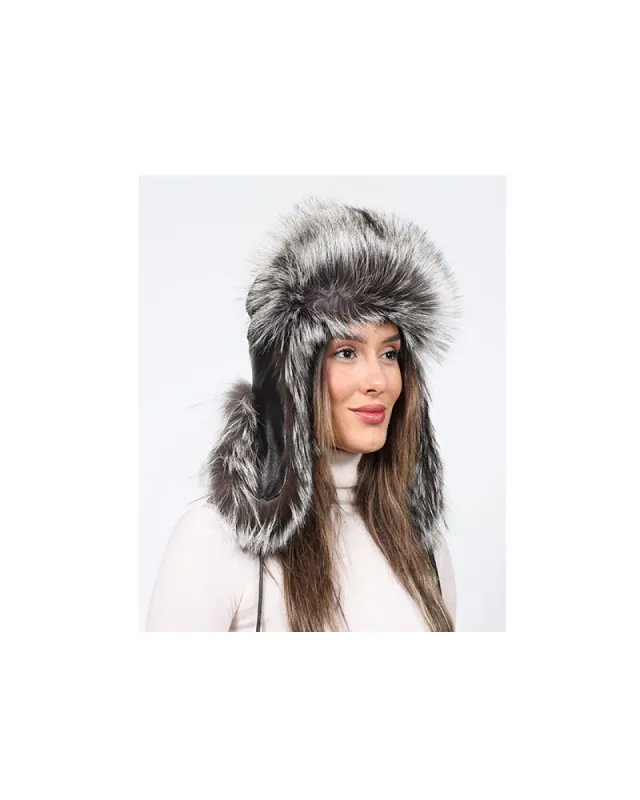 Silver Fox Trimmed Leather Trapper Hat sold by Pologeorgis