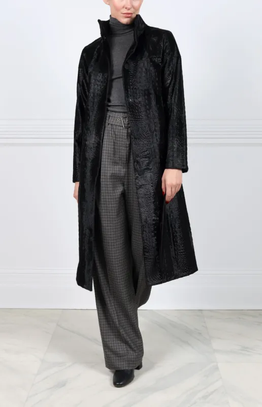 Embossed Lamb Stand Collar Belted Coat in Black sold by Pologeorgis