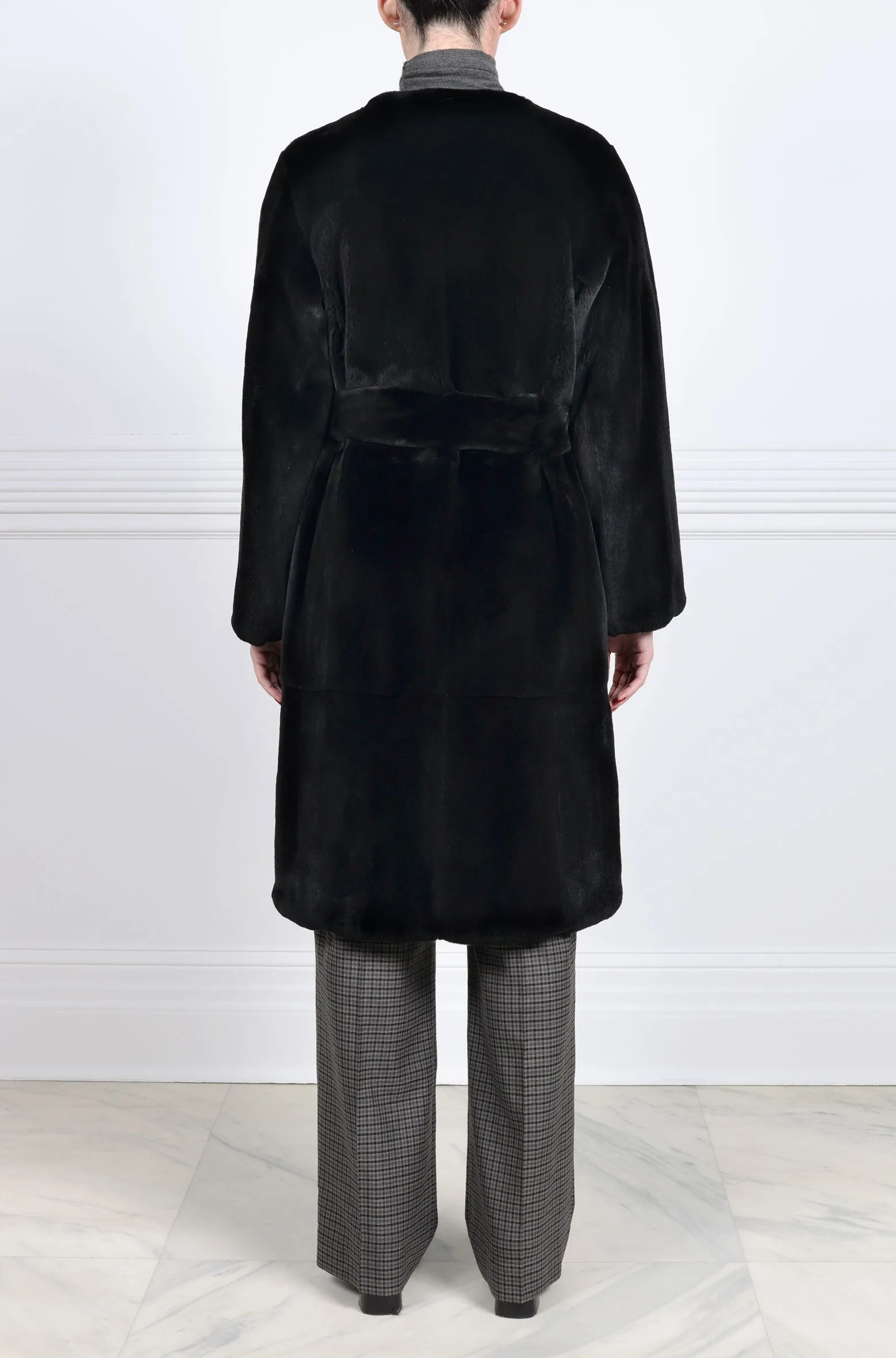 Reversible Horizontal Sheared Mink Belted Collarless Stormcoat in Black sold by Pologeorgis product image thumbnail 2
