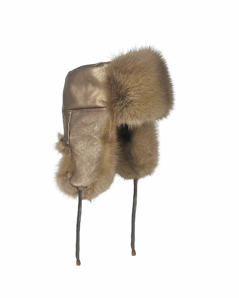 Golden Sable and Metallic Leather Trapper Hat sold by Pologeorgis