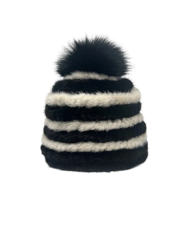 Striped Knitted Mink Hat with Pom sold by Pologeorgis