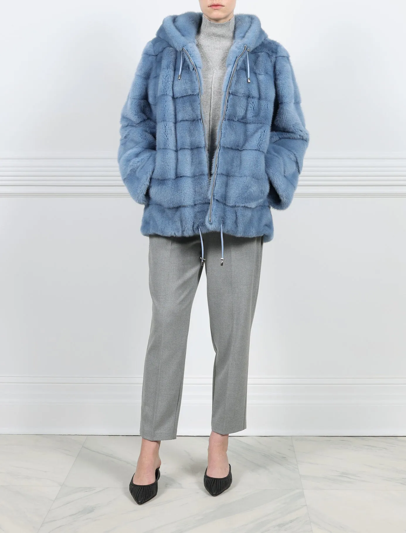 The Louisa Hooded Horizontal Mink Fur Jacket sold by Pologeorgis