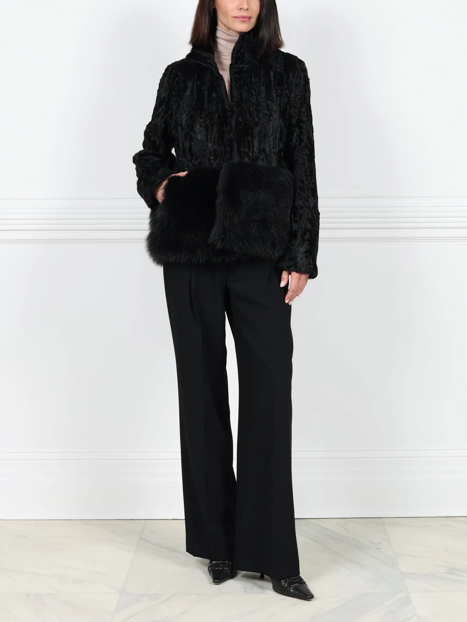 The Dover Upcycled Lamb Jacket with Fur Trim sold by Pologeorgis