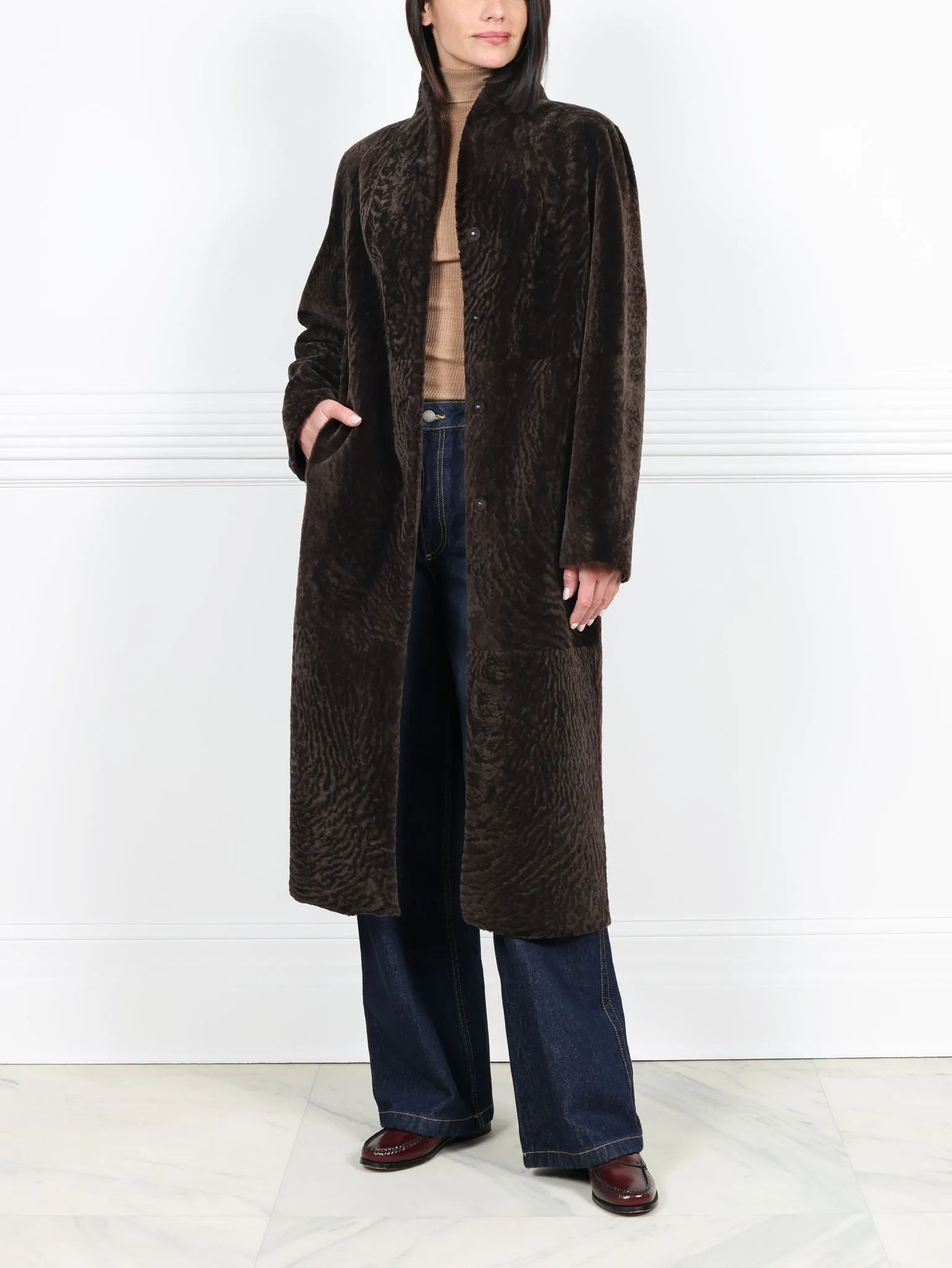 The Cleo Reversible Shearling Coat sold by Pologeorgis