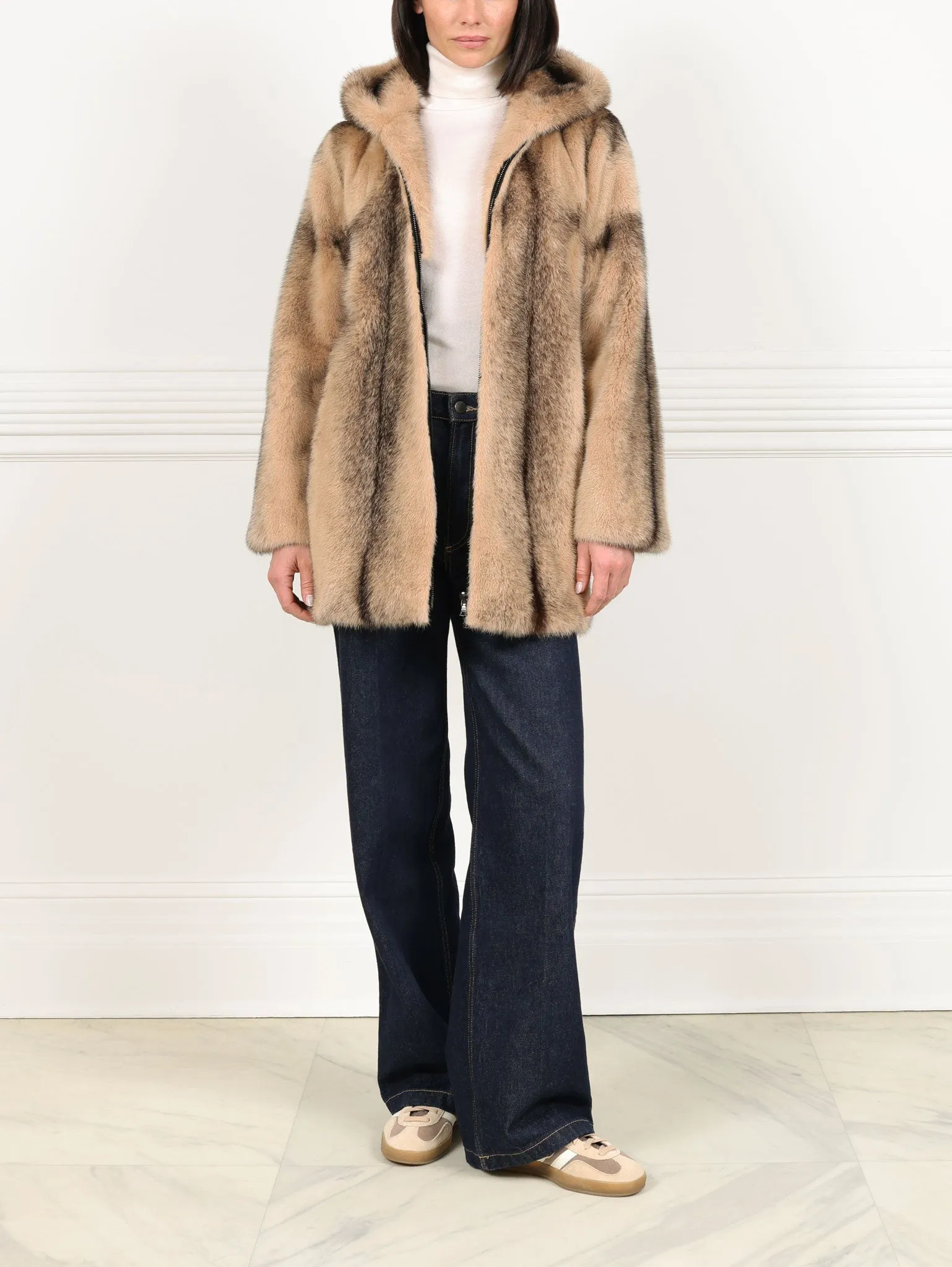 The Louisa Hooded Vertical Mink Fur Jacket sold by Pologeorgis product image thumbnail 2