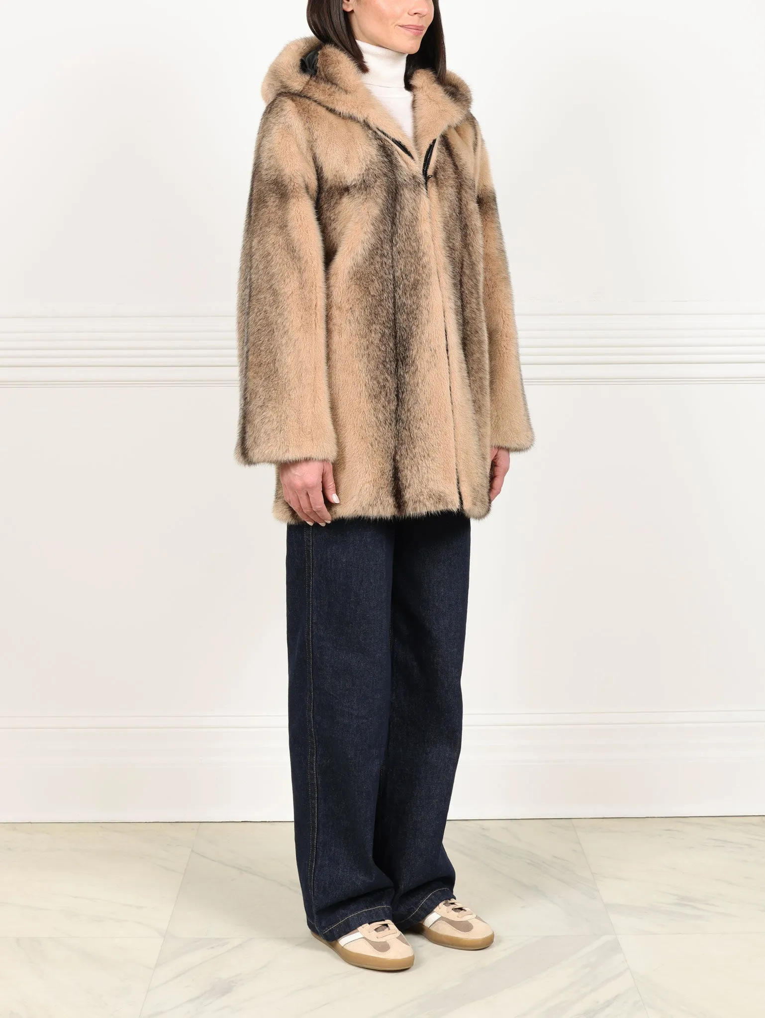 The Louisa Hooded Vertical Mink Fur Jacket sold by Pologeorgis product image thumbnail 3