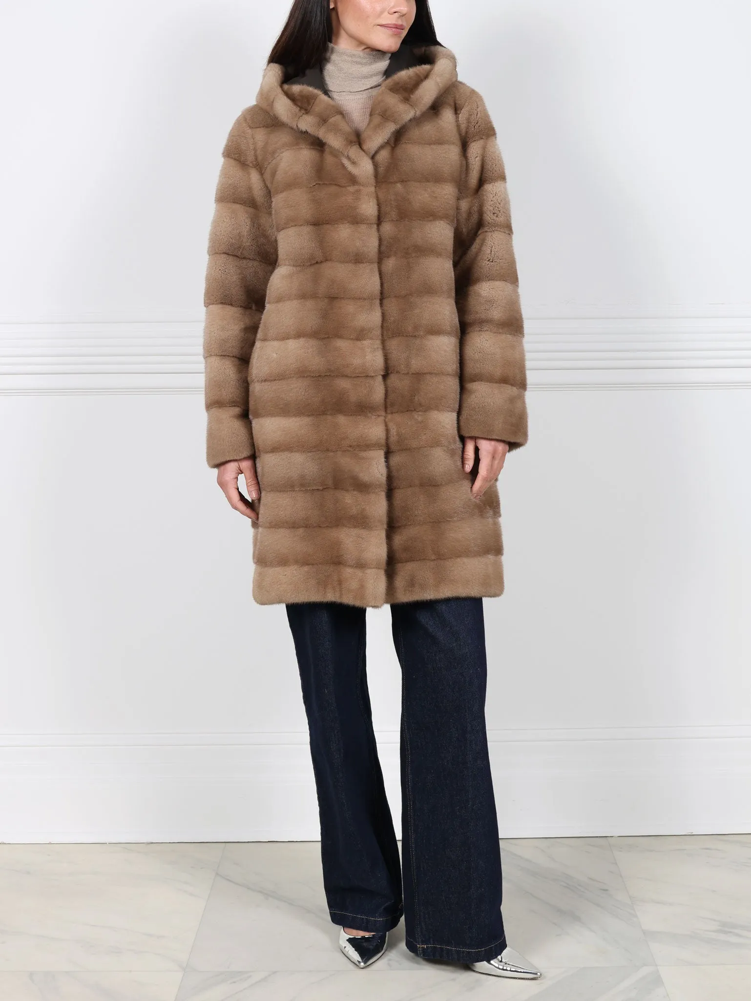 The Delaney Hooded Reversible Mink Fur Coat in Pastel sold by Pologeorgis product image thumbnail 4