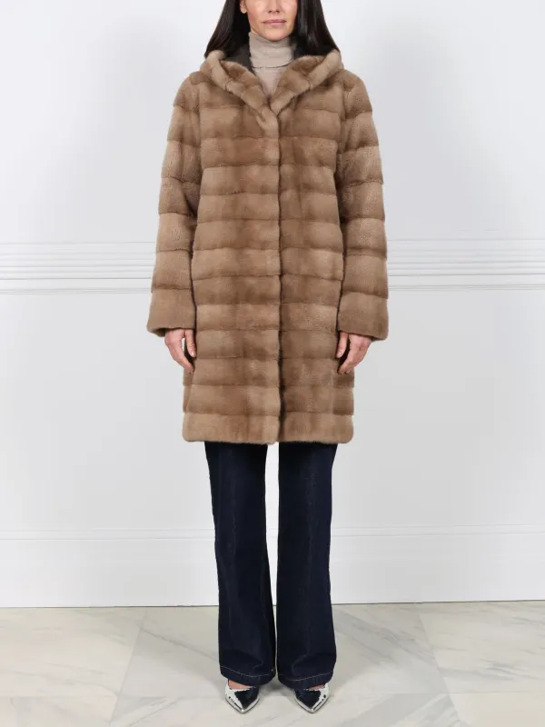 The Delaney Hooded Reversible Mink Fur Coat in Pastel sold by Pologeorgis