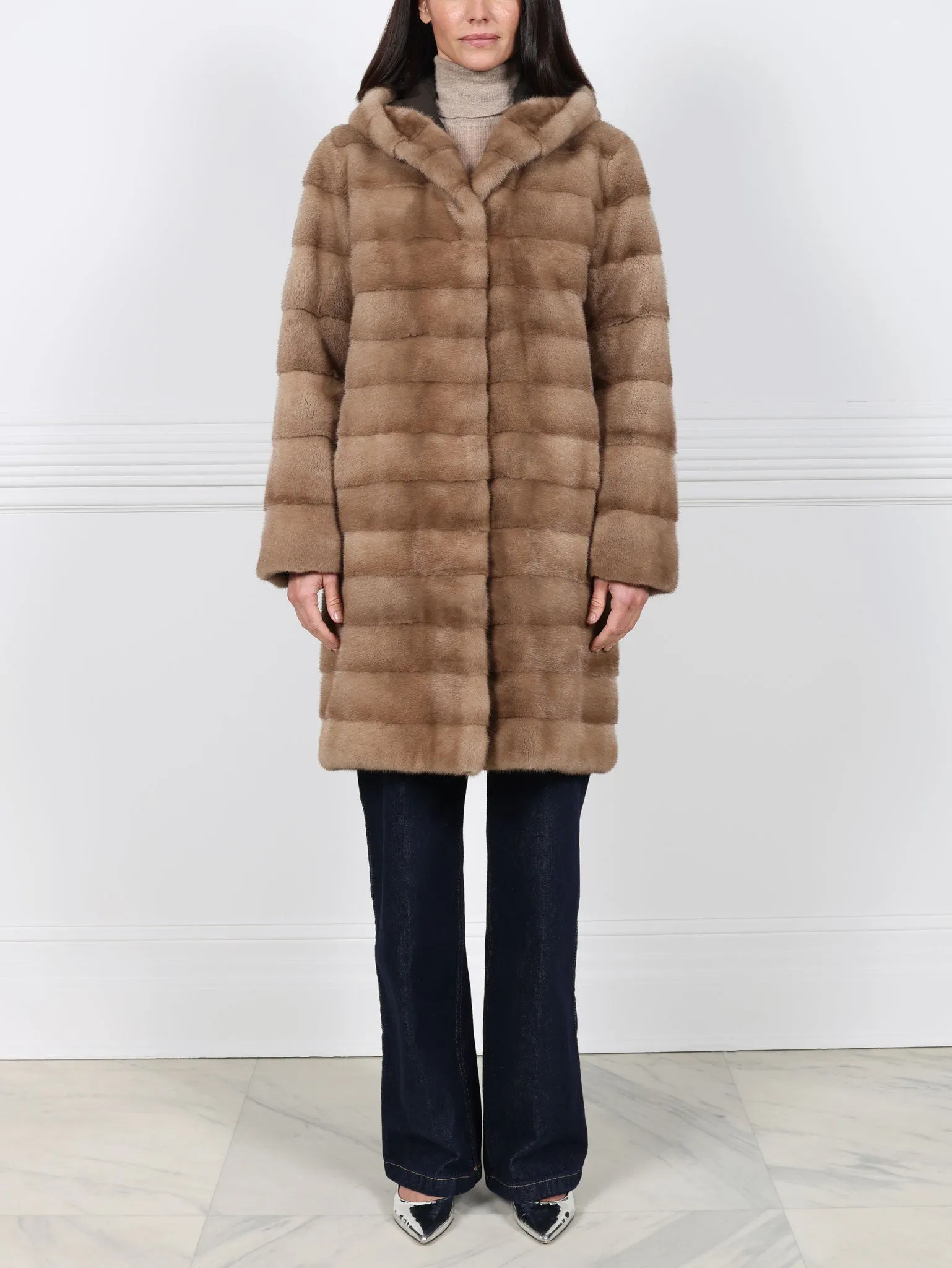 The Delaney Hooded Reversible Mink Fur Coat in Pastel sold by Pologeorgis