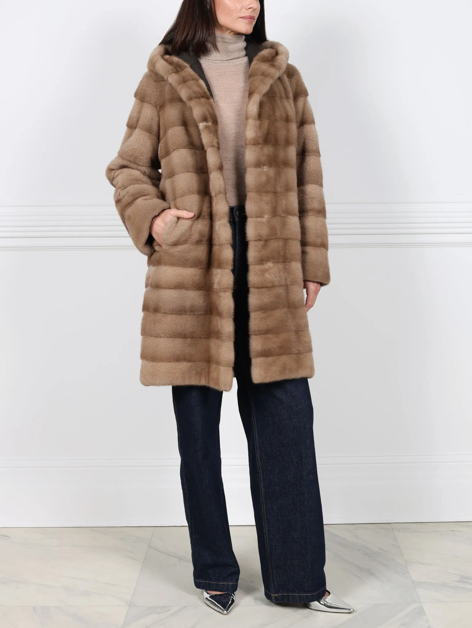 The Delaney Hooded Reversible Mink Fur Coat in Pastel sold by Pologeorgis product image thumbnail 5