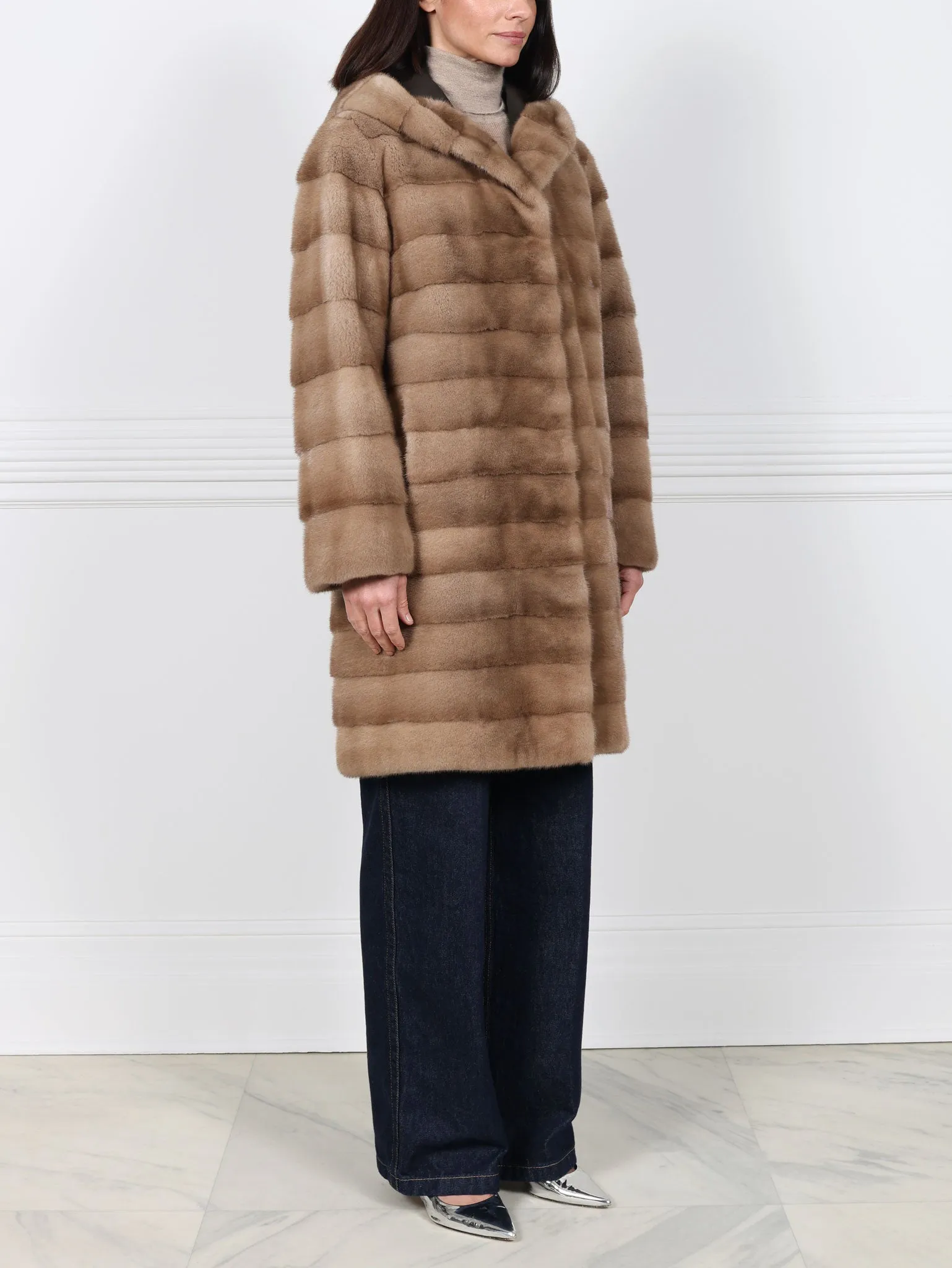 The Delaney Hooded Reversible Mink Fur Coat in Pastel sold by Pologeorgis product image thumbnail 2