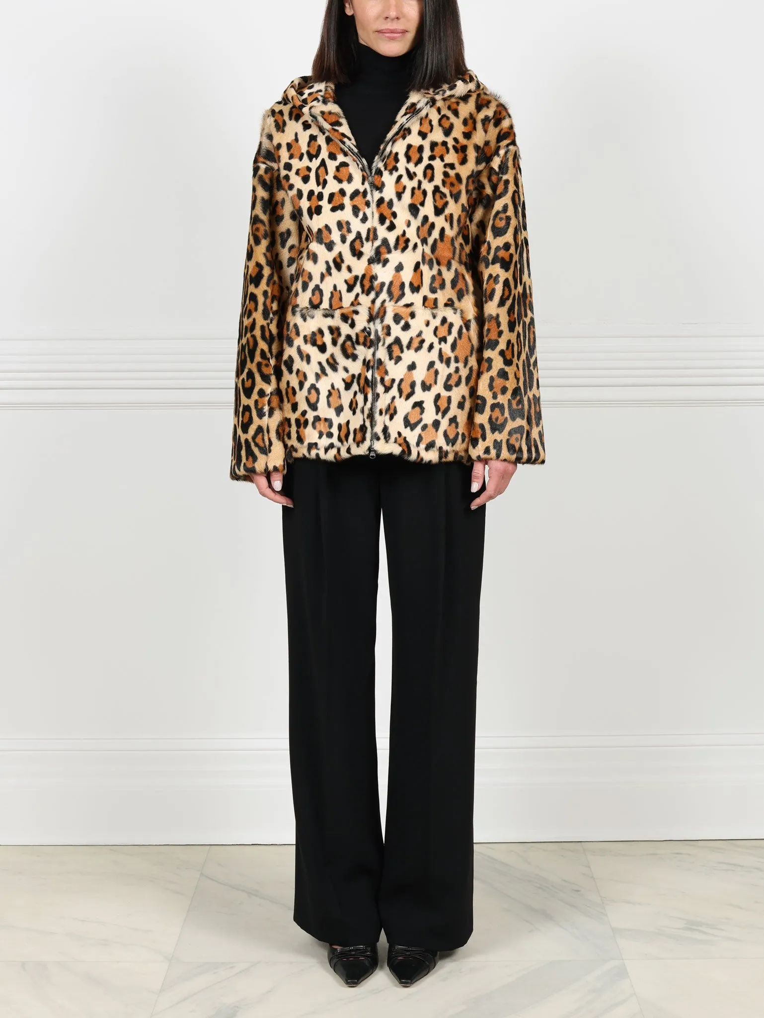 Leopard Print Shearling Hooded Jacket sold by Pologeorgis