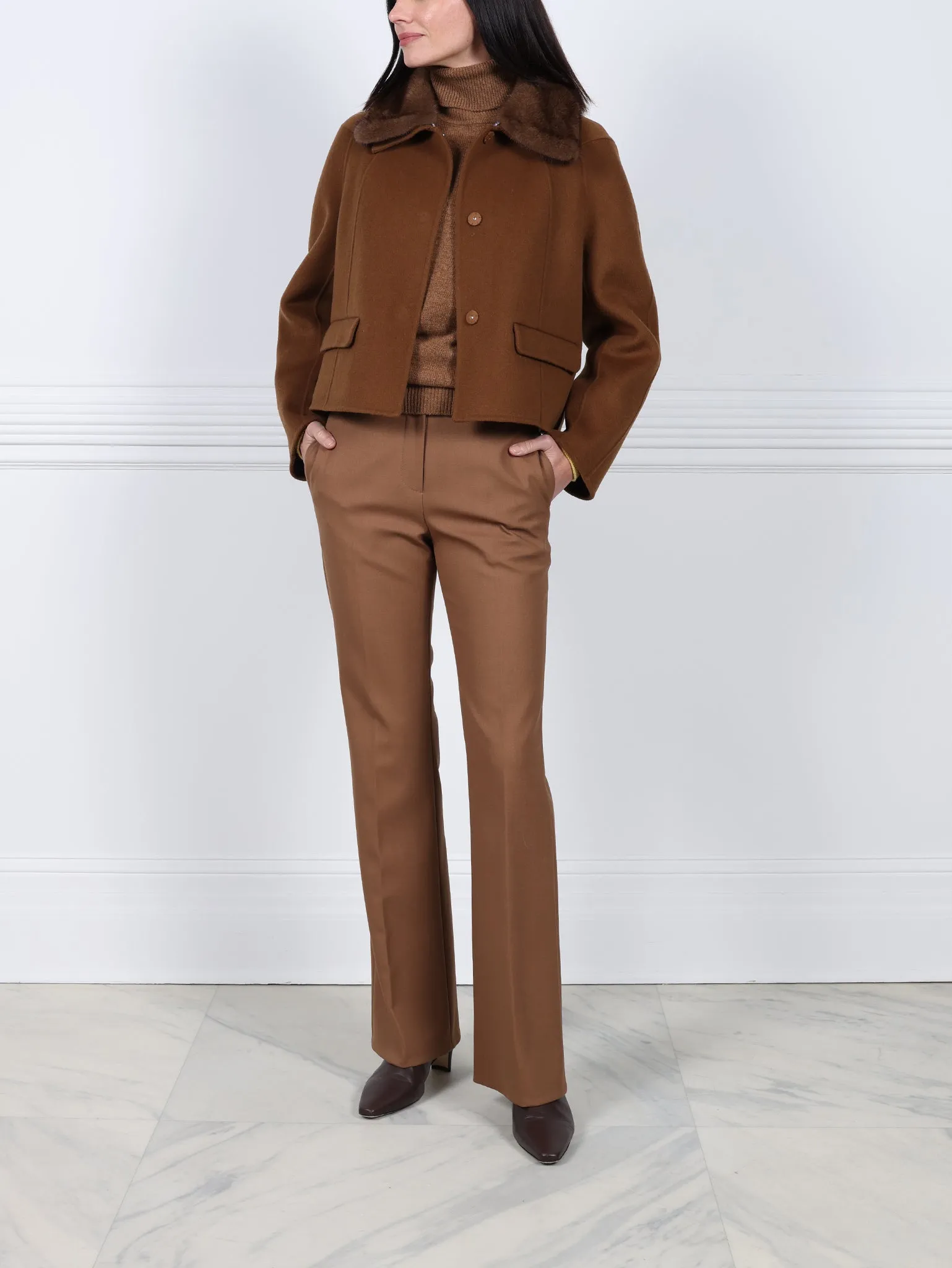 The Lylia Double Face Jacket with Mink Fur Collar sold by Pologeorgis