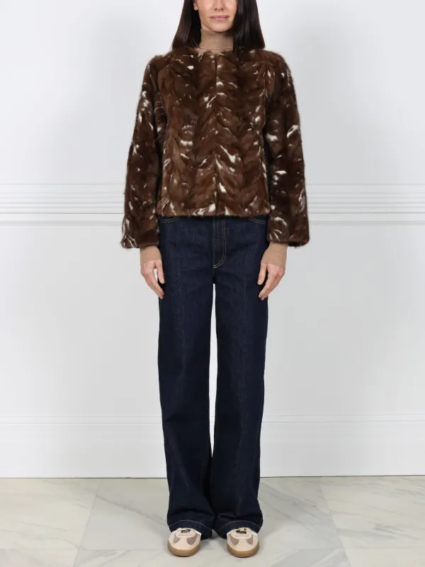 Upcycled Dark Brown Mink Fur Jacket with White Inserts sold by Pologeorgis