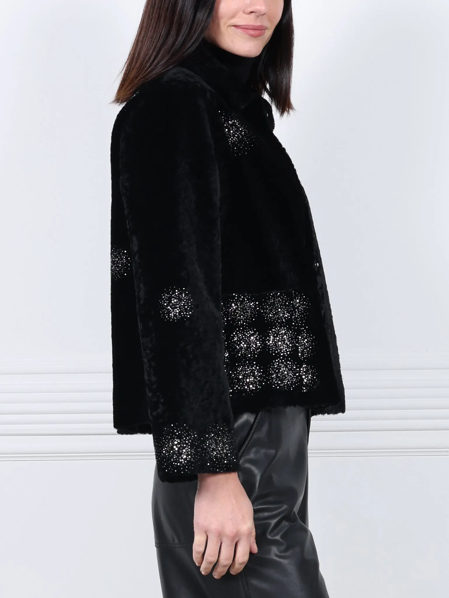 The Anastasia Reversible Crop Shearling Jacket with Crystal Starbusts sold by Pologeorgis product image thumbnail 2