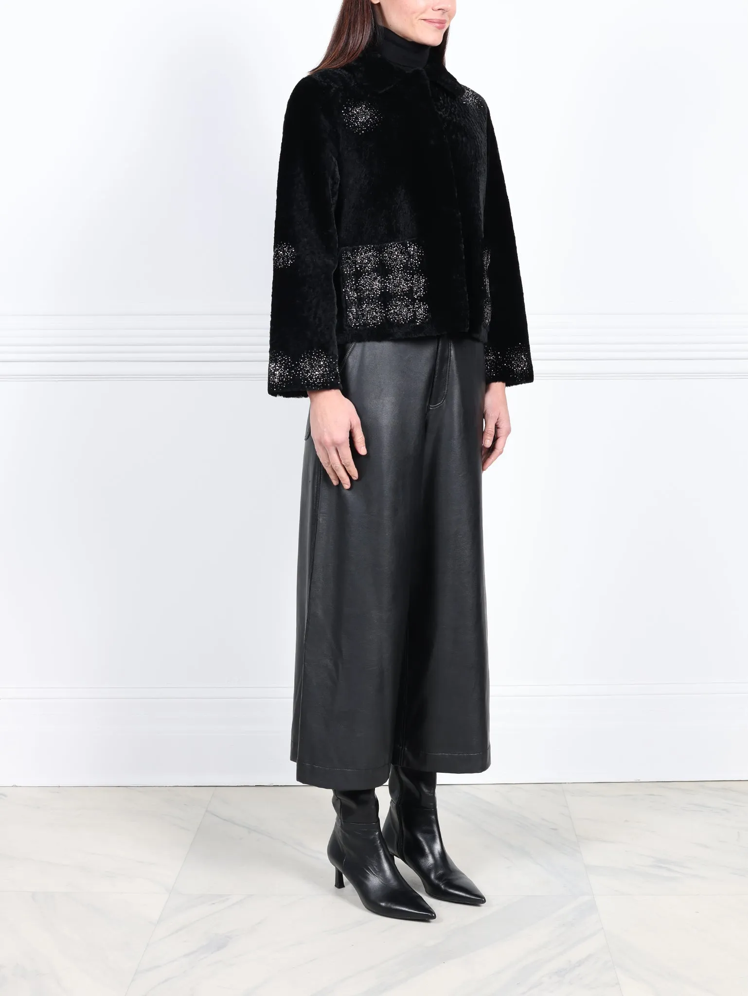 The Anastasia Reversible Crop Shearling Jacket with Crystal Starbusts sold by Pologeorgis product image thumbnail 3