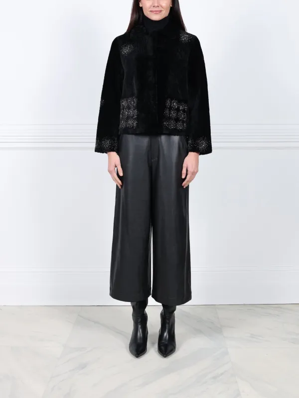 The Anastasia Reversible Crop Shearling Jacket with Crystal Starbusts sold by Pologeorgis