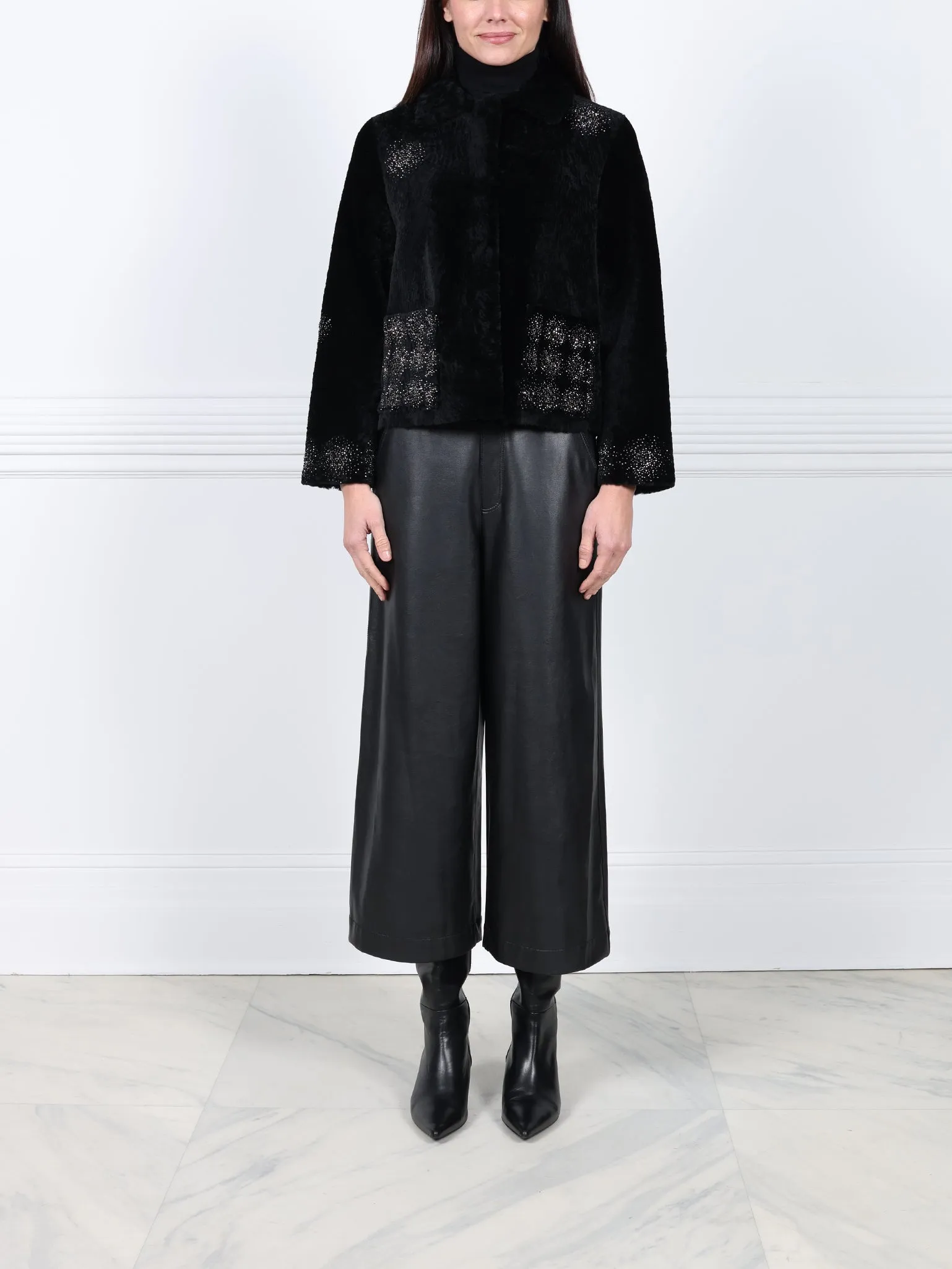 The Anastasia Reversible Crop Shearling Jacket with Crystal Starbusts sold by Pologeorgis