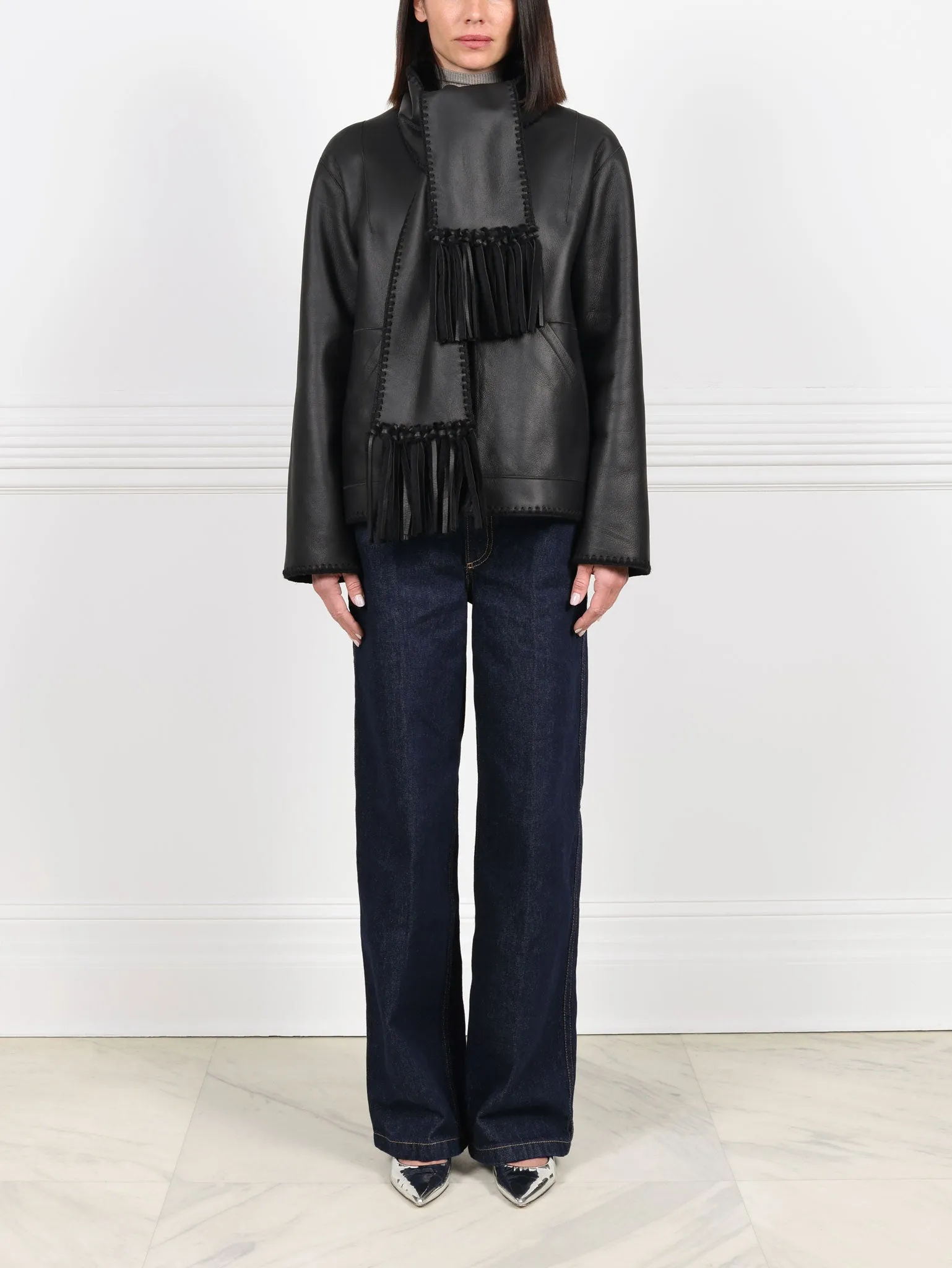 Embroidered Shearling Jacket with Scarf sold by Pologeorgis