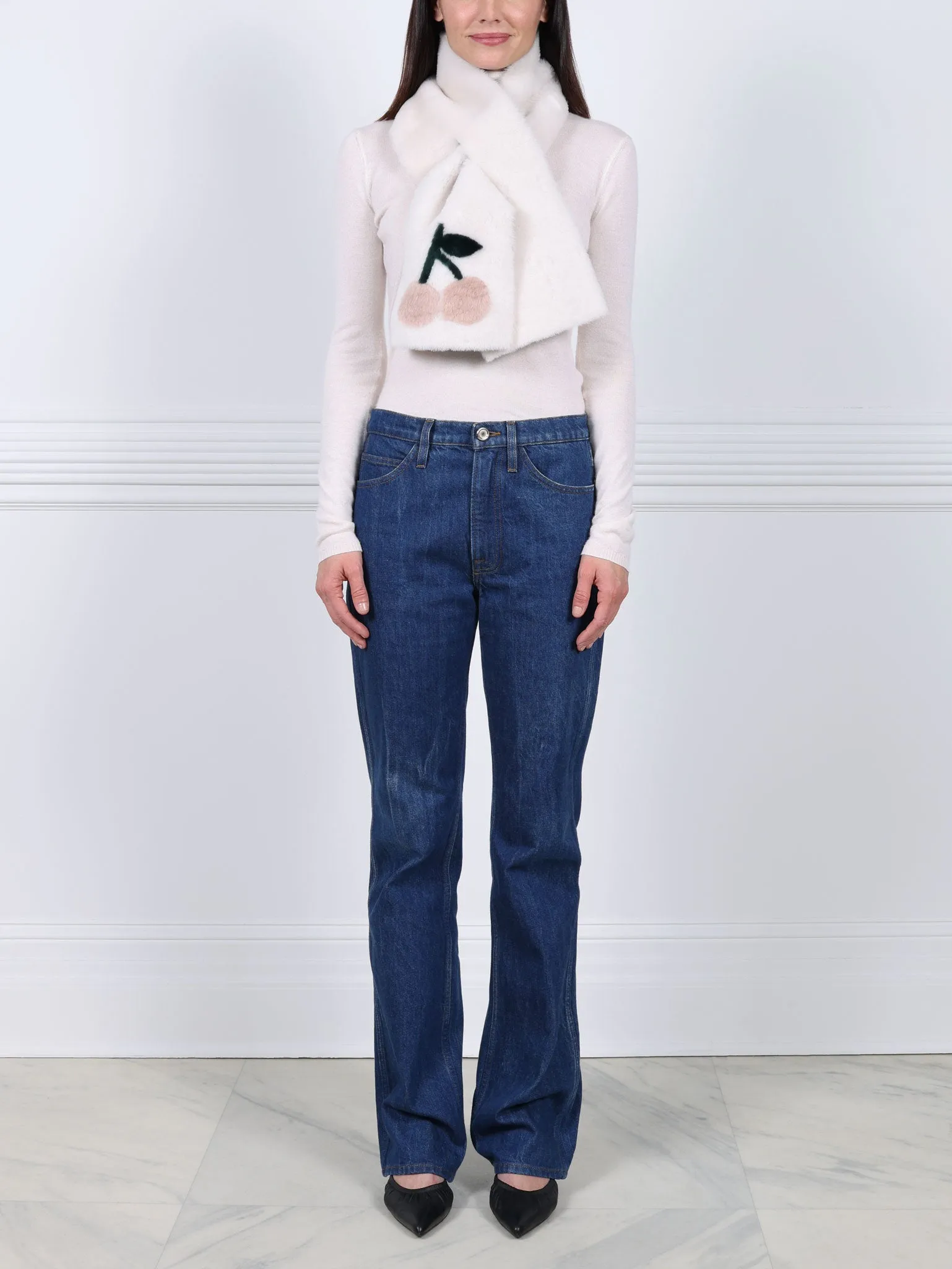 The Cherries Ivory Shearling Intarsia Scarf sold by Pologeorgis