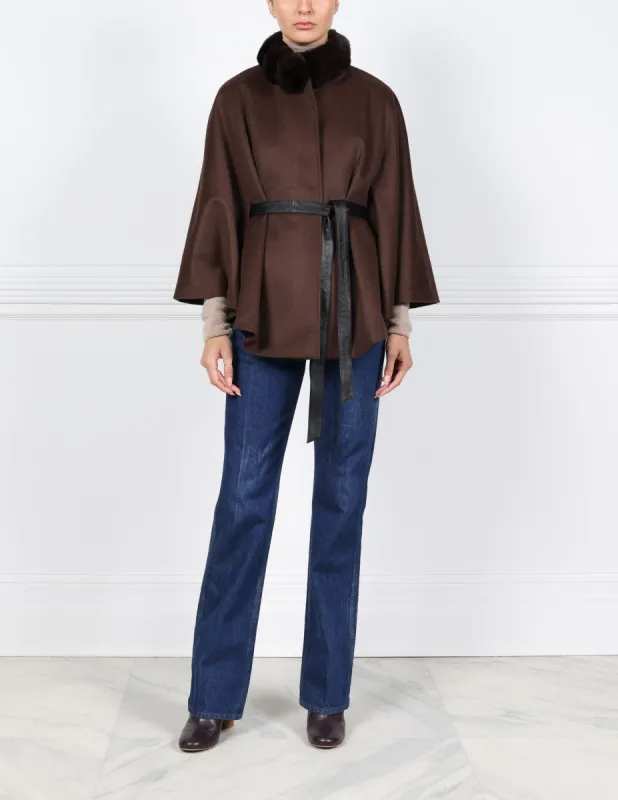 Belted Cashmere Cape with Chinchilla Trim in Chocolate sold by Pologeorgis
